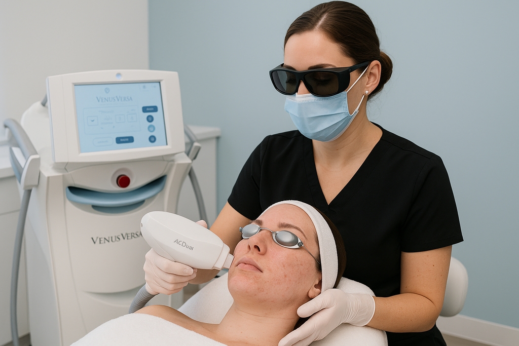 Venus Versa ACDual Facial Acne IPL Treament image on a client in a treatment room