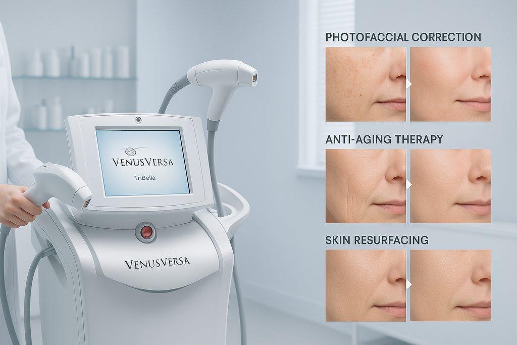 venus versa The Venus TriBella™ photofacial treatment corrects discoloration, fades age spots, reduces sun damage, and improves skin tone. Then, the anti-aging treatment diminishes fine lines, reduces wrinkles*, and firms up skin. Lastly, the skin resurfacing treatment smoothens out the appearance of uneven skin texture, scars, rosacea, enlarged pores, stretch marks, and other skin textural concerns.